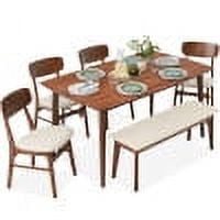Best Choice Products 6-Piece Mid-Century Modern Upholstered Wooden Dining Set w/ 4 Chairs, Bench - Walnut/Cream