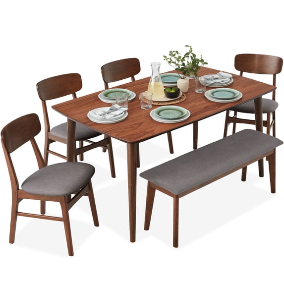 Best Choice Products 6-Piece Mid-Century Modern Upholstered Wooden Dining Set w/ 4 Chairs, Bench - Walnut/Gray