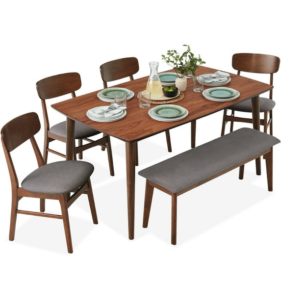 Best Choice Products 6-Piece Mid-Century Modern Upholstered Wooden Dining Set w/ 4 Chairs, Bench - Walnut/Gray