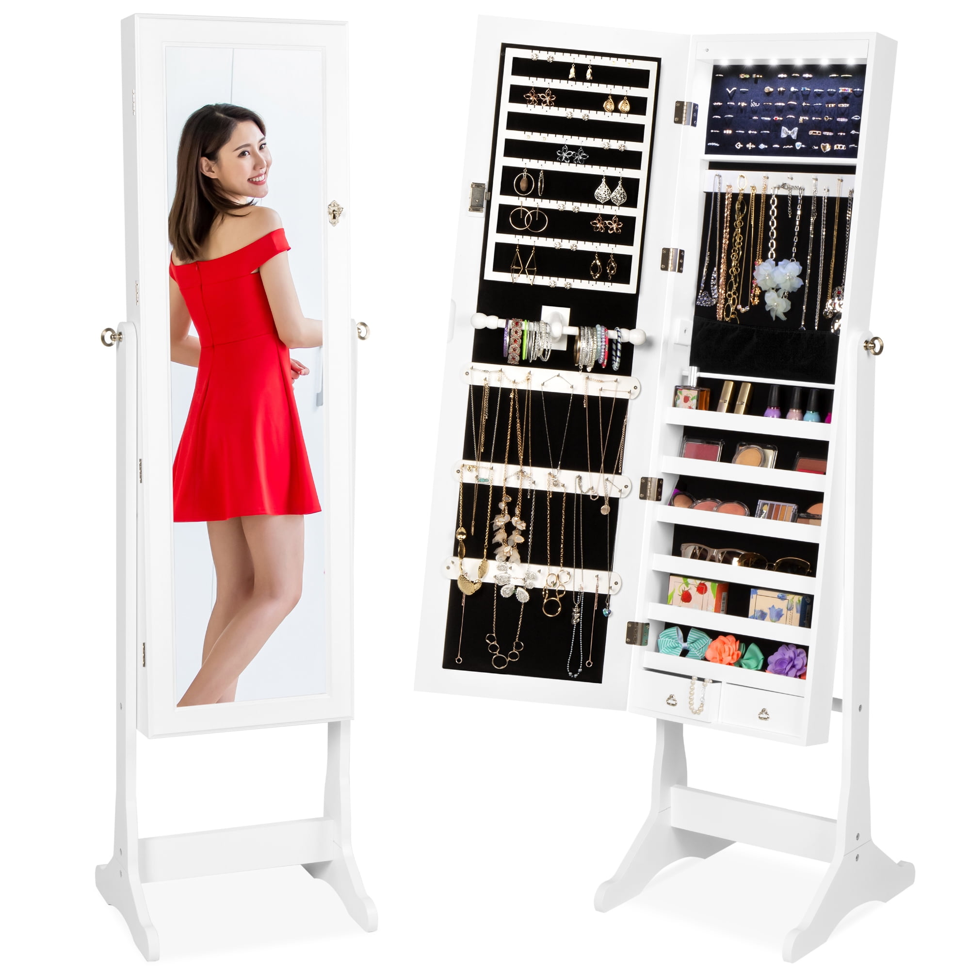 White Polished Wood Freestanding Mirror Jewelry Armoire with LED Lights