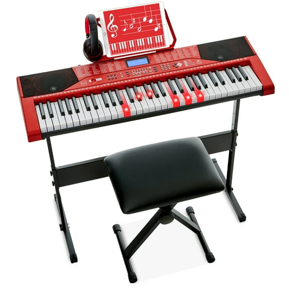 Best Choice Products 61-Key Beginners Complete Electronic Keyboard Piano Set w/ LCD Screen, Lighted Keys - Red