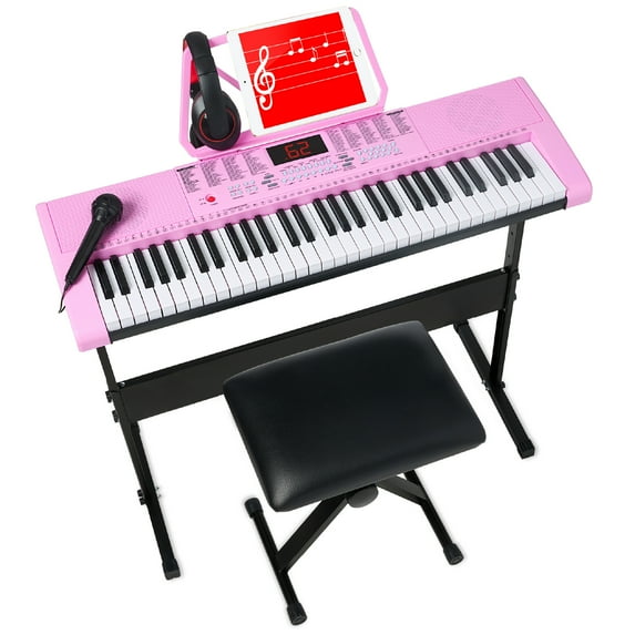 Best Choice Products 61-Key Beginners Electronic Keyboard Piano Set w/ LED, 3 Teaching Modes, H-Stand, Stool - Pink