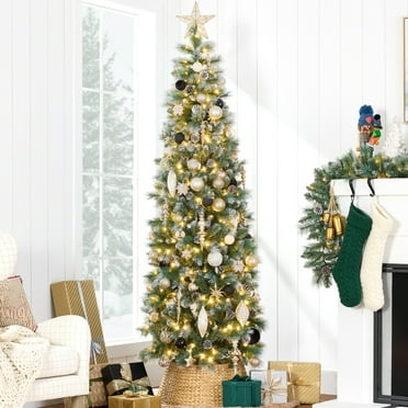 Best Choice Products 6ft Frosted Pre-Lit Artificial Scotch Pine Pencil Christmas Tree w/ 150 LED Lights, Metal Stand