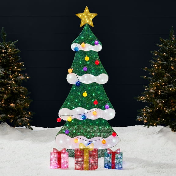 Best Choice Products 6ft Lighted 2D Christmas Tree Outdoor Decor w/ 170 LED Lights, Gift Boxes, Storage Bag - Multicolor