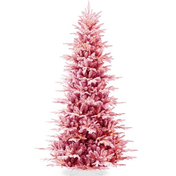 Best Choice Products 6ft Pre-Lit Flocked Artificial Aspen Noble Fir Christmas Tree w/ 1,350 Branch Tips, 300 LED Lights - Pink