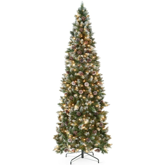 Best Choice Products 6ft Pre-Lit Partially Flocked Pencil Christmas Tree w/ 250 Lights, Pine Cones, Foldable Stand