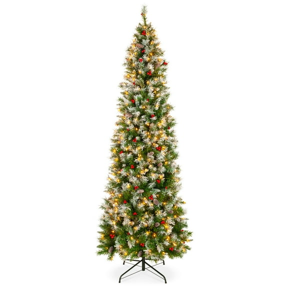 Best Choice Products 6ft Pre-Lit Pencil Christmas Tree, Pre-Decorated, Frosted w/ 618 Flocked Tips, 250 Lights, Base