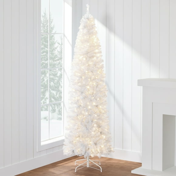 Best Choice Products 6ft Pre-Lit White Pencil Christmas Tree w/ Foldable Base, 250 Incandescent Lights
