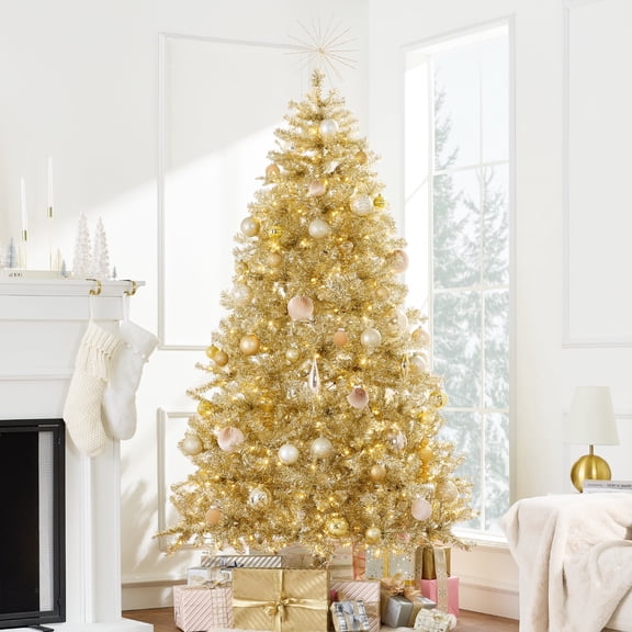 Best Choice Products 6ft Prelit Artificial Tinsel Christmas Tree Festive Holiday Decoration w/ 1,000 Tips - Gold