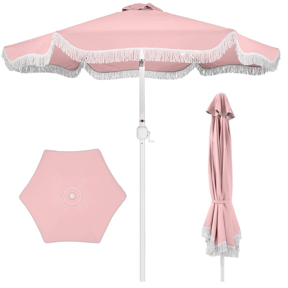 Best Choice Products 7.5ft Fringe Market Umbrella - Boho Patio Sunshade w/ Tilt, UPF50+ - Pink
