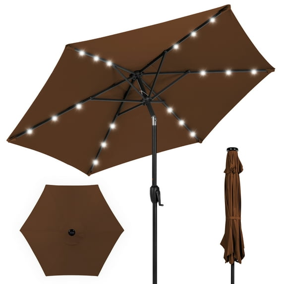Best Choice Products 7.5ft Outdoor Solar Patio Umbrella for Deck, Pool w/ Tilt, Crank, LED Lights - Brown