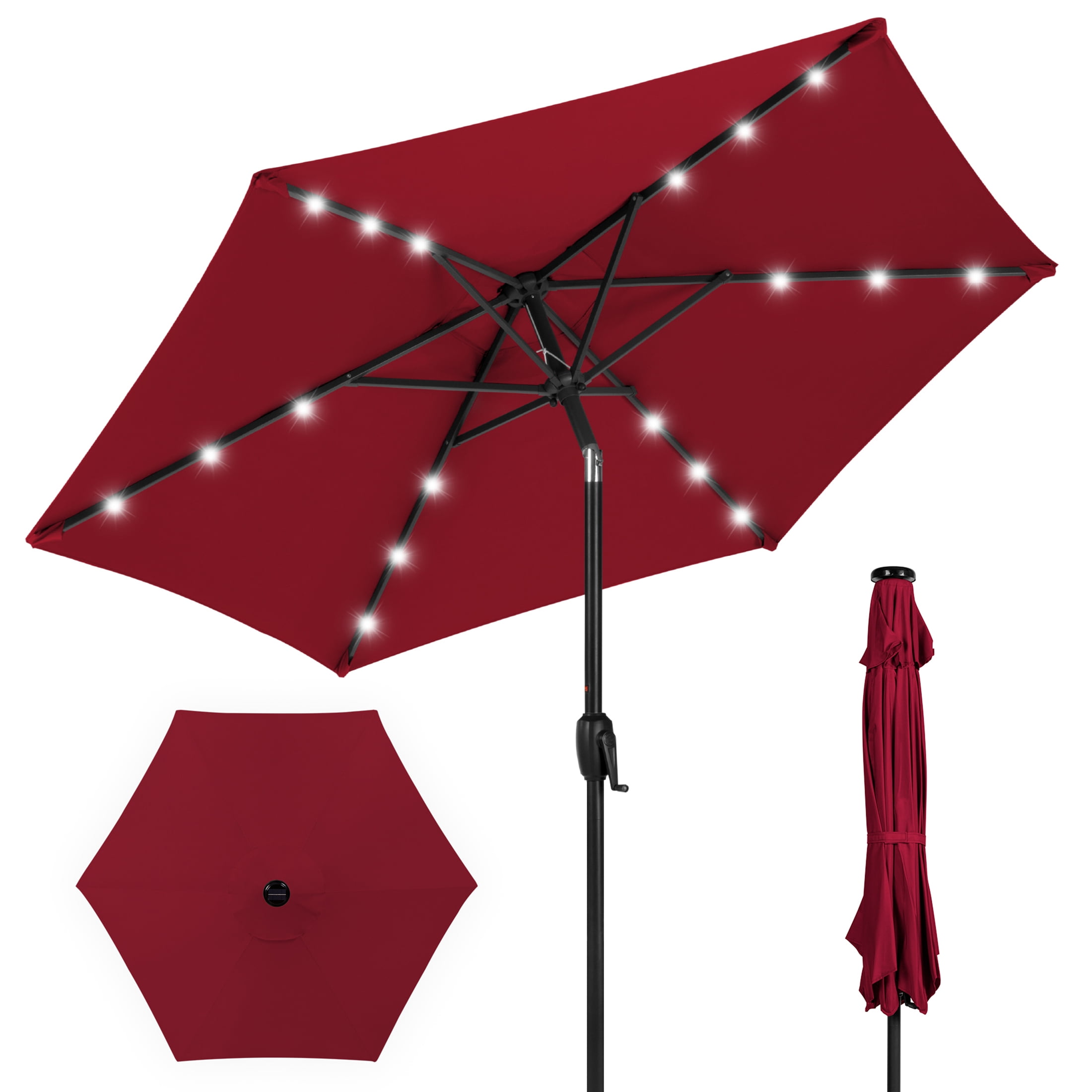 Burgundy Solar-Powered Tilting Patio Umbrella with LED Lights and Steel Pole