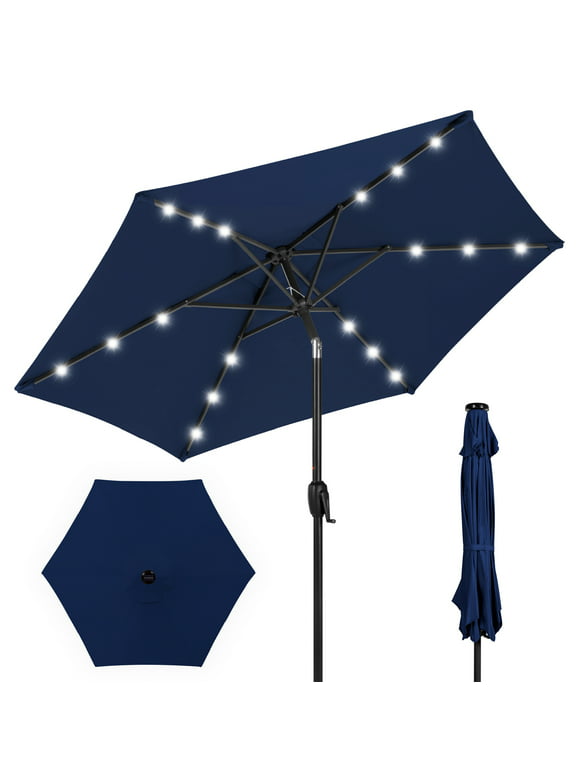 Best Choice Products 7.5ft Outdoor Solar Patio Umbrella for Deck, Pool w/ Tilt, Crank, LED Lights - Navy Blue