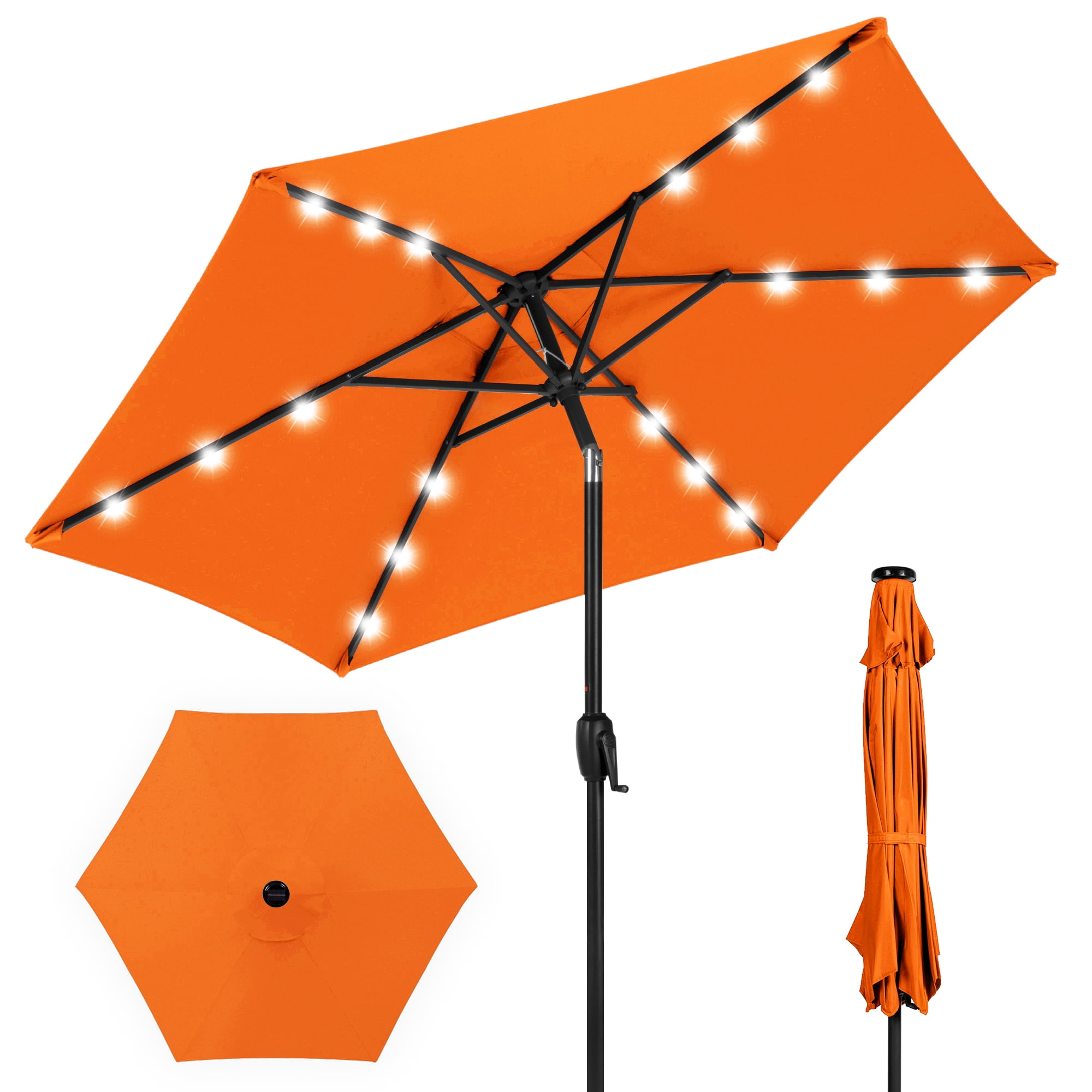 7.5ft Orange Solar Patio Umbrella with LED Lights and Steel Frame