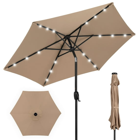 Best Choice Products 7.5ft Outdoor Solar Patio Umbrella for Deck, Pool w/ Tilt, Crank, LED Lights - Tan