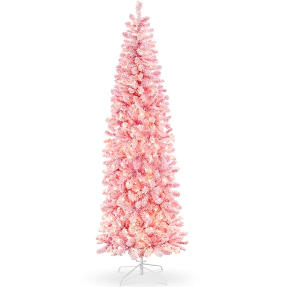 Best Choice Products 7.5ft Pink Pre-Lit Artificial Snow Flocked Pencil Christmas Tree Holiday Decoration w/ 350 Lights