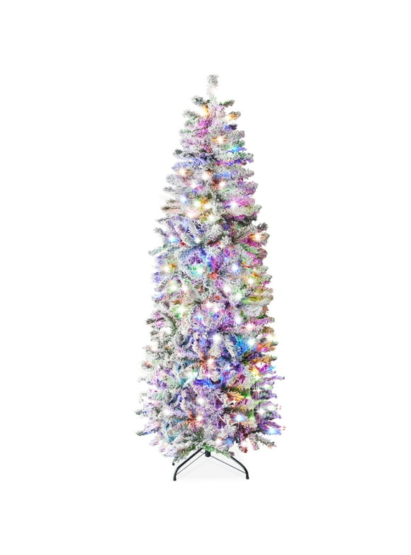 Best Choice Products 7.5ft Pre-Lit Artificial Snow Flocked Pencil Christmas Tree Decoration w/ 350 Multicolor Lights