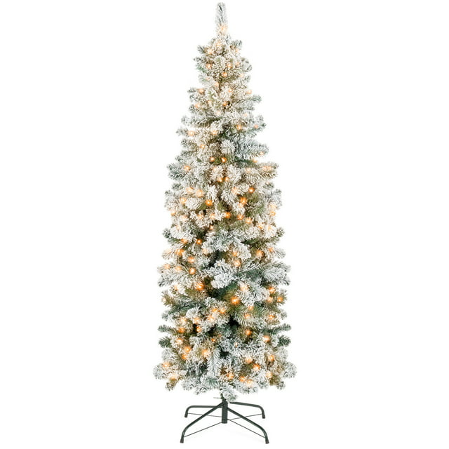 Best Choice Products 7.5ft Pre-Lit Artificial Snow Flocked Pencil Christmas Tree Holiday Decoration w/ 350 Clear Lights