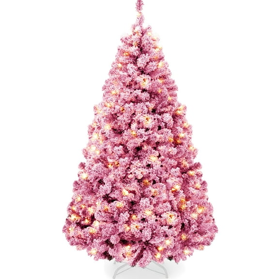 Best Choice Products 7.5ft Prelit Pink Artificial Christmas Tree, Snow Flocked Full Holiday Decoration w/ Foldable Base