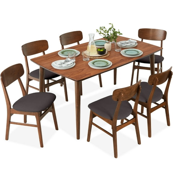 Best Choice Products 7-Piece Mid-Century Modern Upholstered Dining Set, Wooden Table w/ 6 Chairs - Walnut/Charcoal