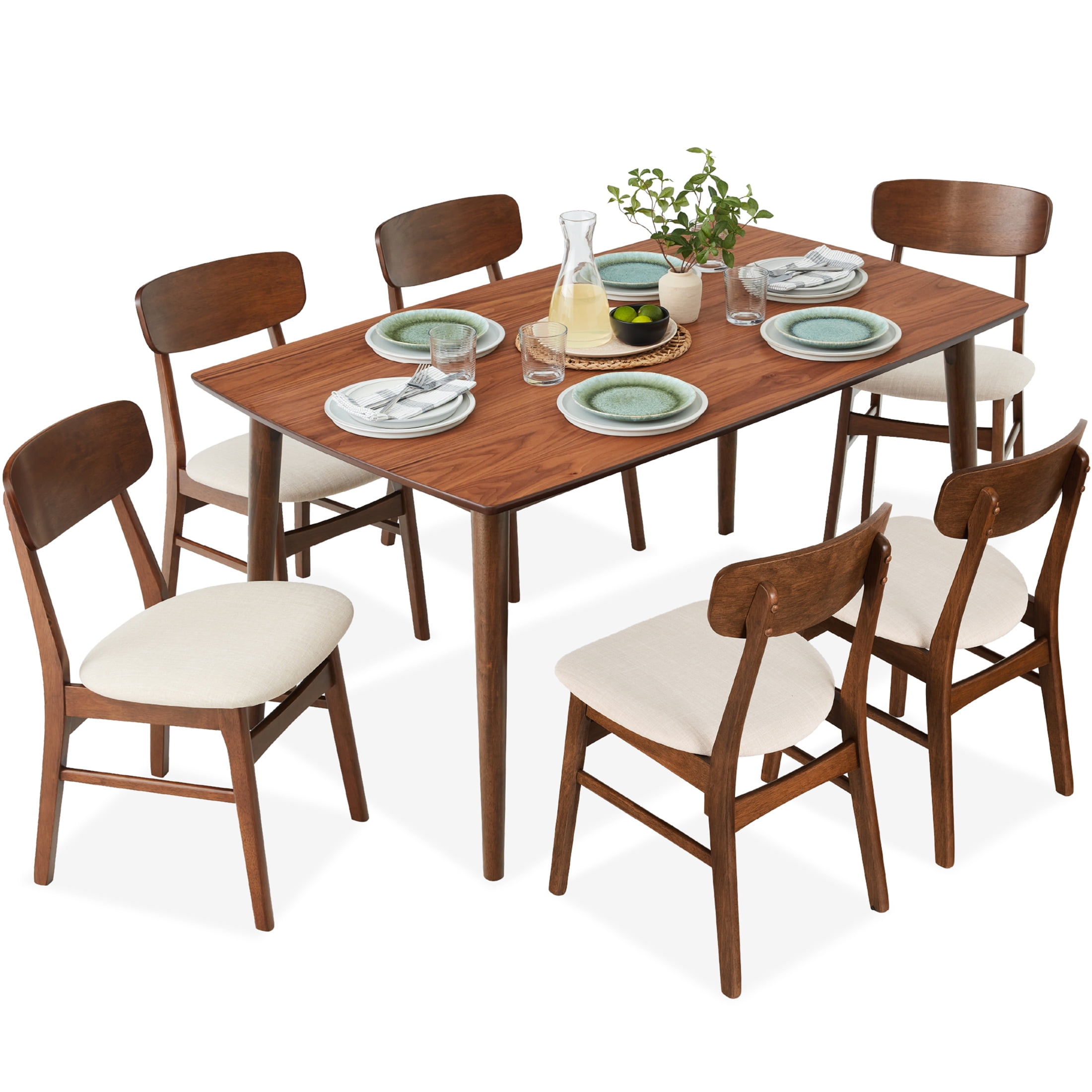 The Coupon deal of  Best Choice Products 7-Piece Mid-Century Modern Upholstered Dining Set, Wooden Table w/ 6 Chairs - Walnut/Cream