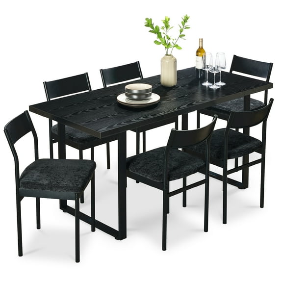 Best Choice Products 7-Piece Modern Dining Set, Kitchen Table w/ 6 Cushioned Chairs, Metal Frame - Black/Black