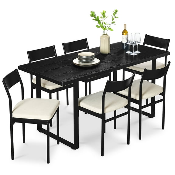 Best Choice Products 7-Piece Modern Dining Set, Kitchen Table w/ 6 Cushioned Chairs, Metal Frame - Black/Ivory