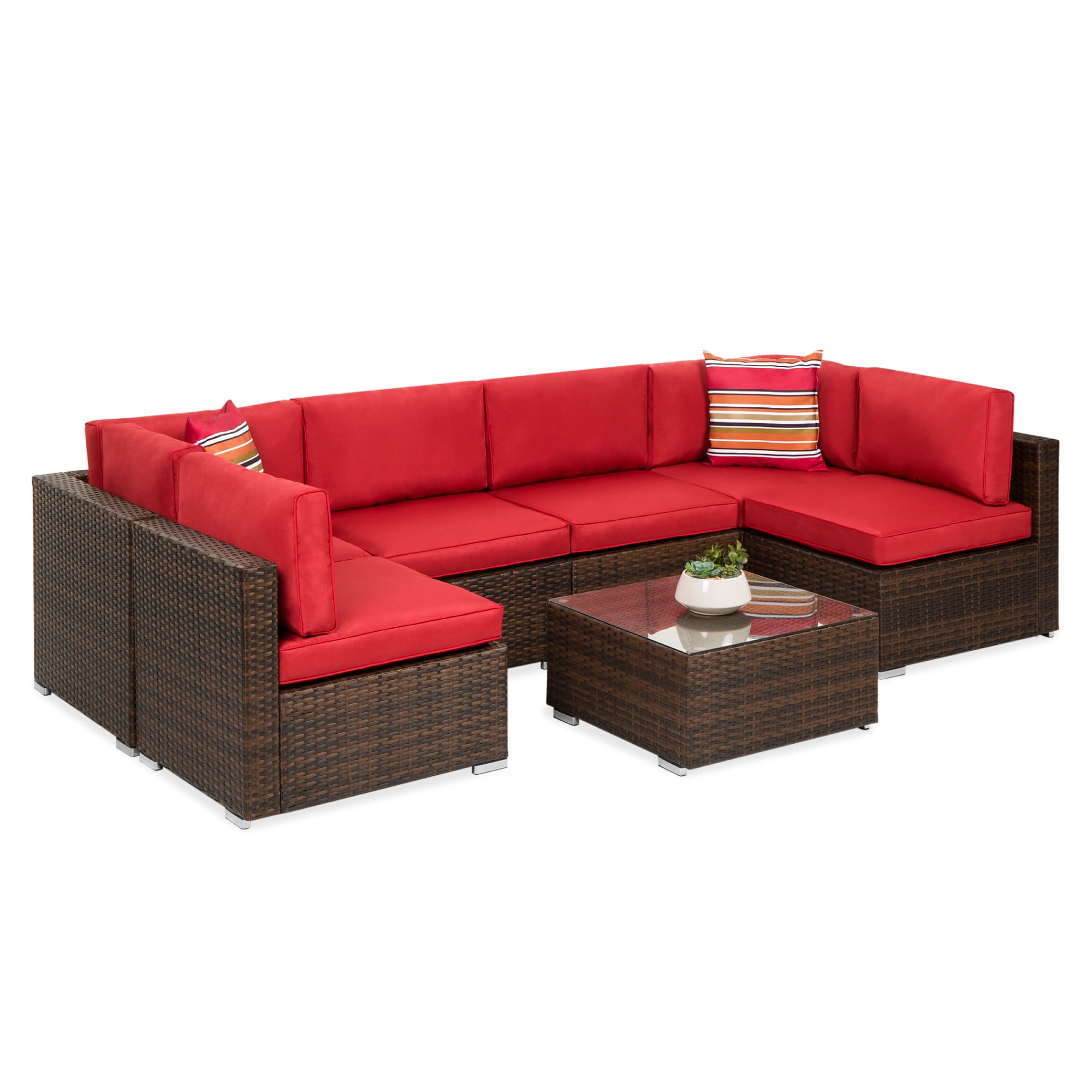 Best Choice Products 7 Piece Modular Outdoor Wicker Patio Conversation Furniture Set Sectional Sofa Brown Red