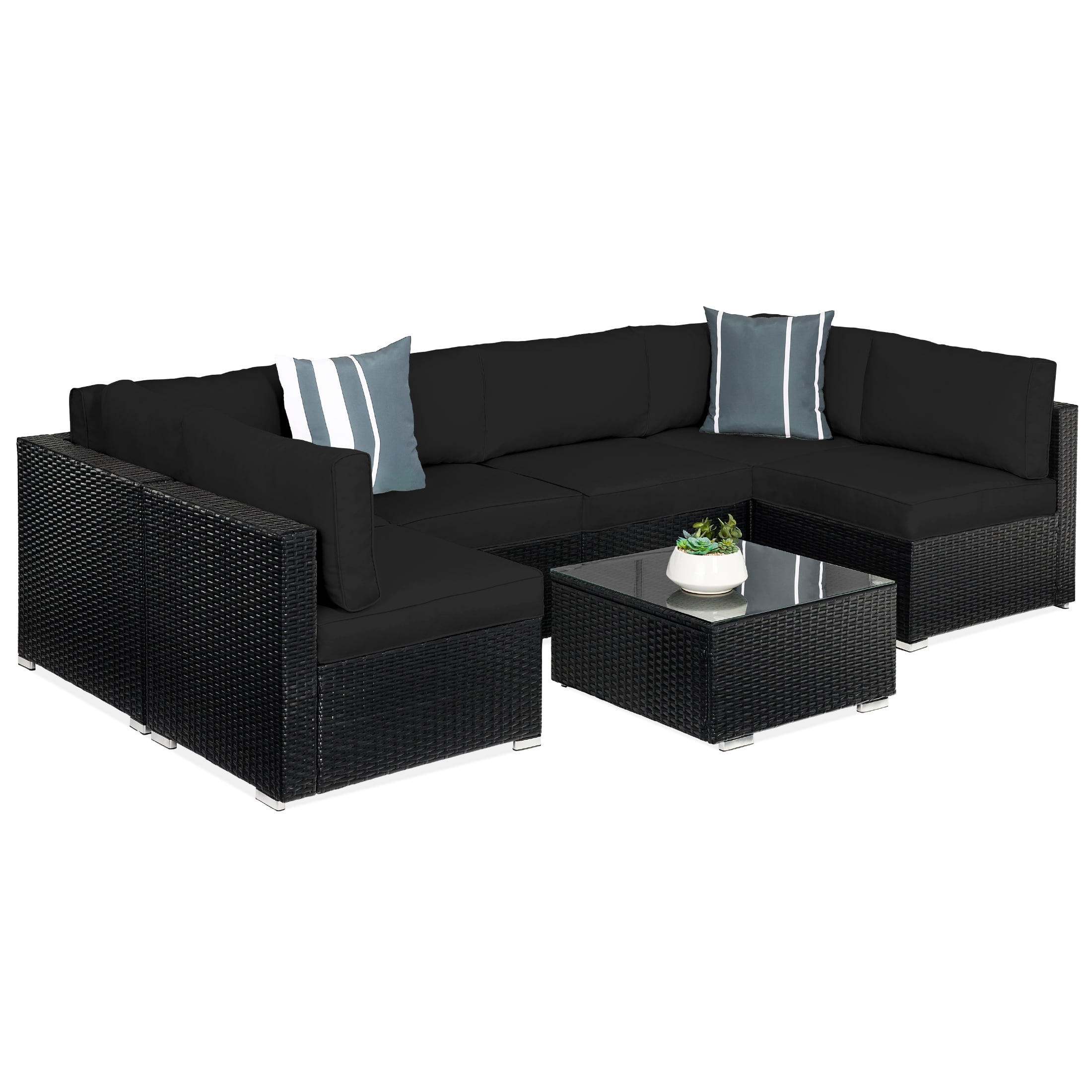 Black Steel Frame 6-Person Outdoor Wicker Sectional Set
