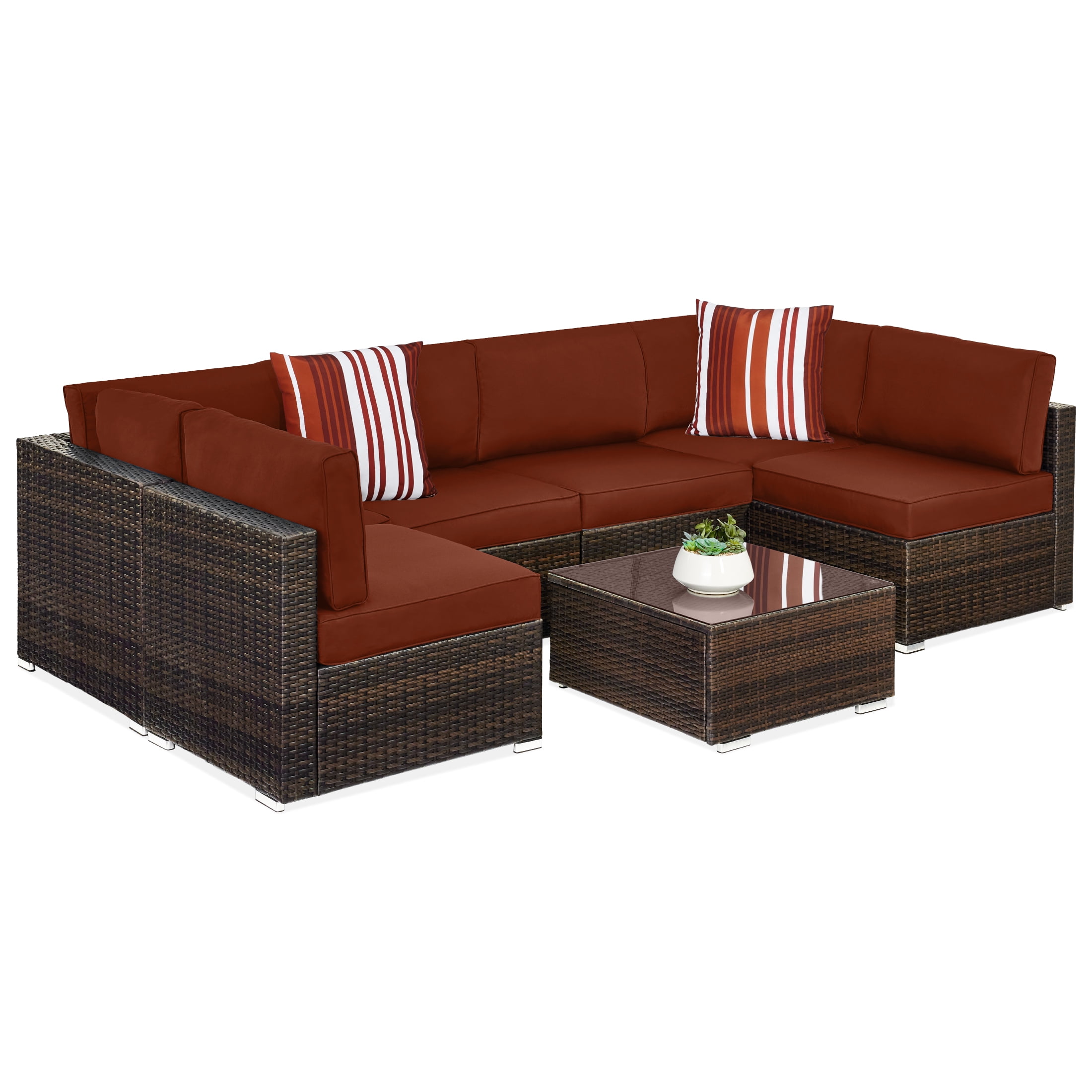7-Piece Brown Wicker Outdoor Modular Sectional Set with Rust Cushions