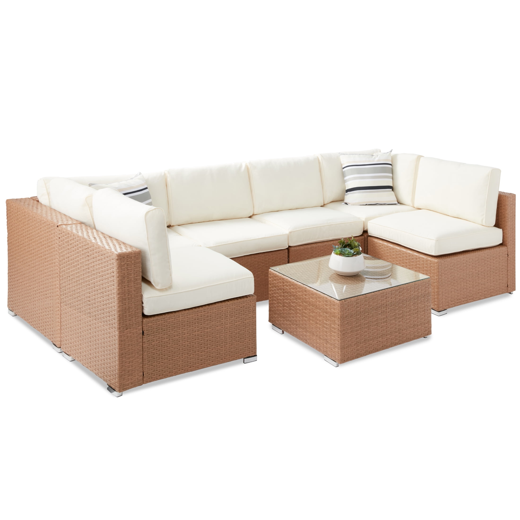 Best Choice Products 7 Piece Outdoor Modular Patio Conversation Furniture Wicker Sectional Set Natural Ivory