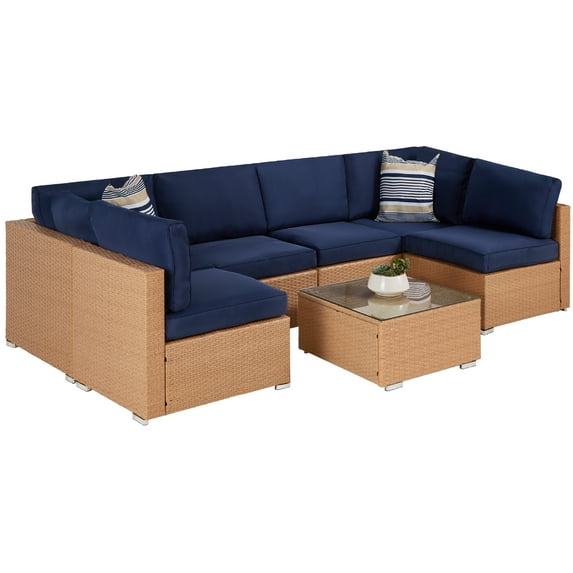Best Choice Products 7-Piece Outdoor Modular Patio Conversation Furniture, Wicker Sectional Set - Natural/Navy