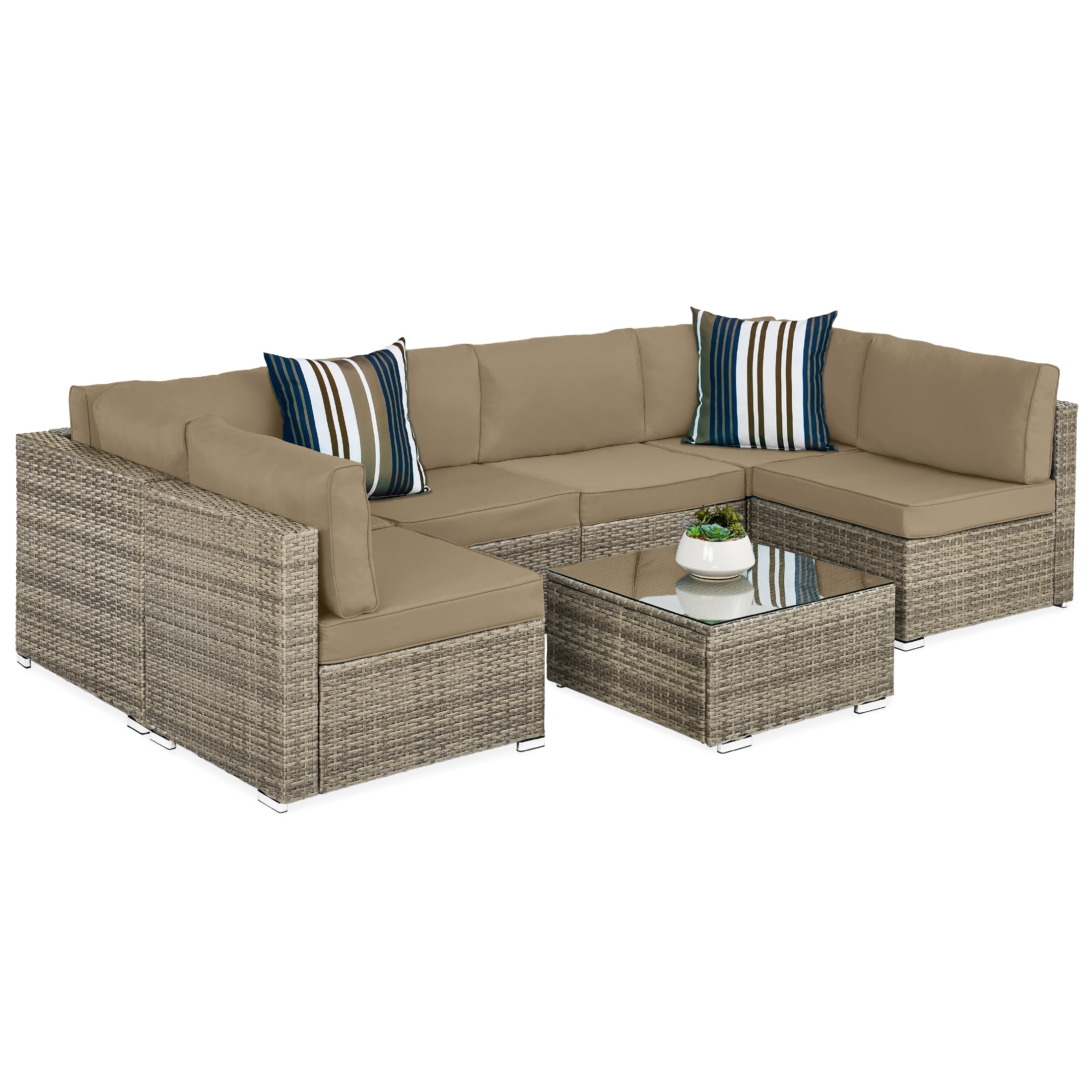 Taupe Wicker 7-Piece Outdoor Modular Patio Set with Beige Cushions