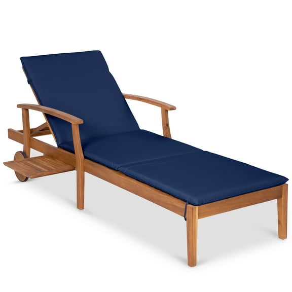 Best Choice Products 79x26in Acacia Wood Outdoor Chaise Lounge Chair w/ Adjustable Backrest, Table, Wheels - Navy Blue