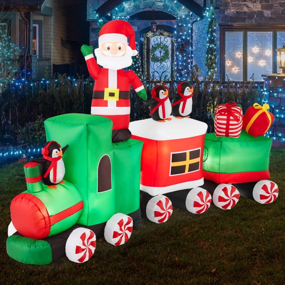 Best Choice Products 8.5 x 5ft Pre-Lit Inflatable Christmas Train & Animated Santa Claus w/ 10 LED Lights, Ground Stakes