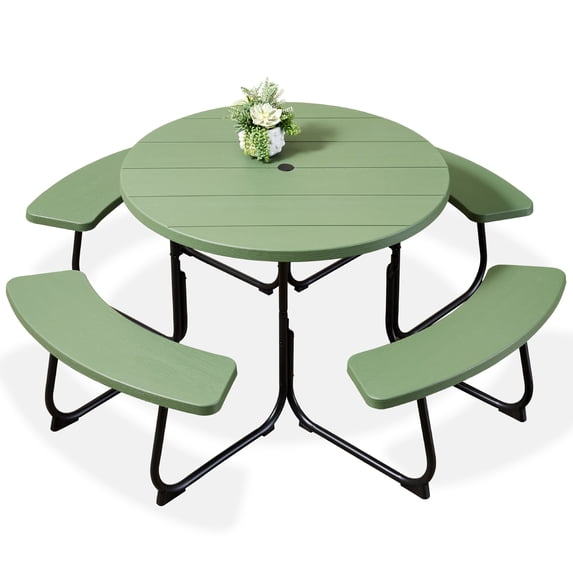 Best Choice Products 8-Person Circular Outdoor Picnic Table w/ 4 Benches, Umbrella Hole, 2000lb Capacity - Green