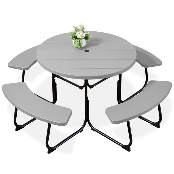 Best Choice Products 8-Person Circular Outdoor Picnic Table w/ 4 Benches, Umbrella Hole, 2000lb Capacity - Light Gray