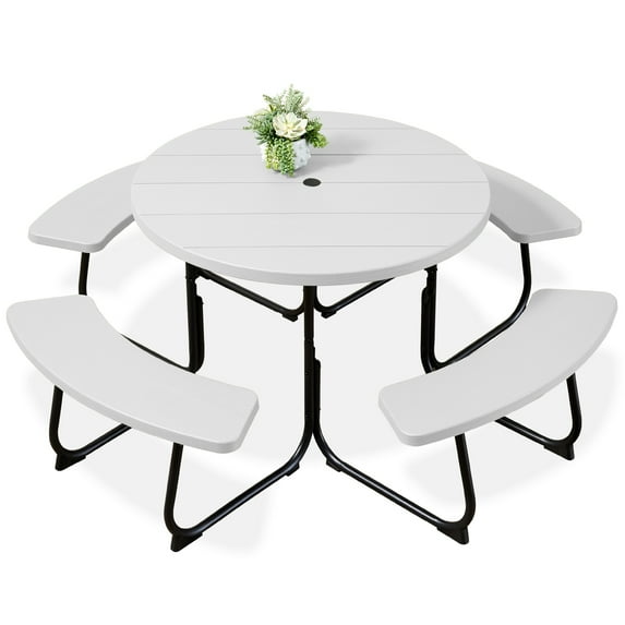 Best Choice Products 8-Person Circular Outdoor Picnic Table w/ 4 Benches, Umbrella Hole, 2000lb Capacity - White