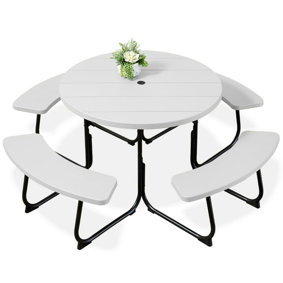 Best Choice Products 8-Person Circular Outdoor Picnic Table w/ 4 Benches, Umbrella Hole, 2000lb Capacity - White
