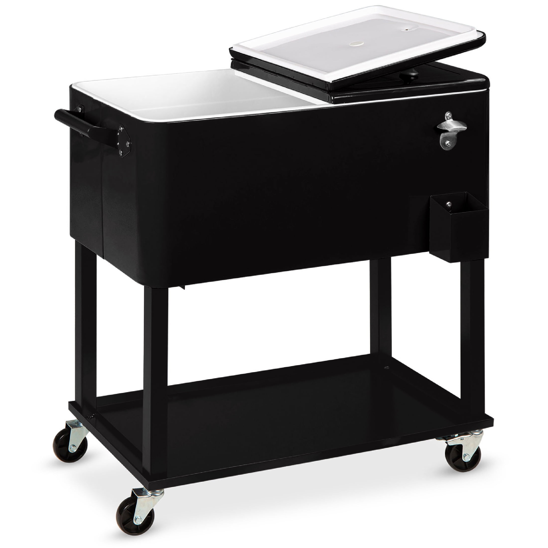 Black Steel Rolling Cooler Cart with Bottle Opener and Storage Shelf