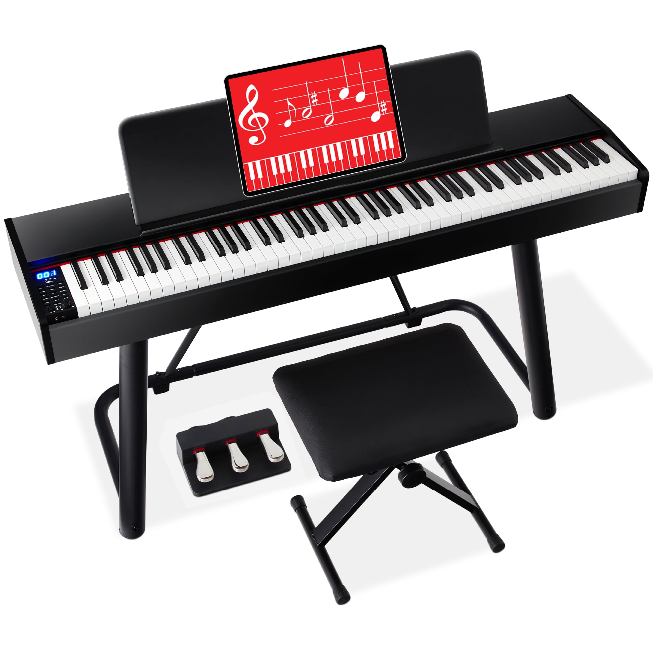 Learn piano online by yourself. Use a tablet or computer to learn piano  tutorials online. The black grand piano has a tablet placed on a notebook  stand. 3D Rendering. 6666658 Stock Photo