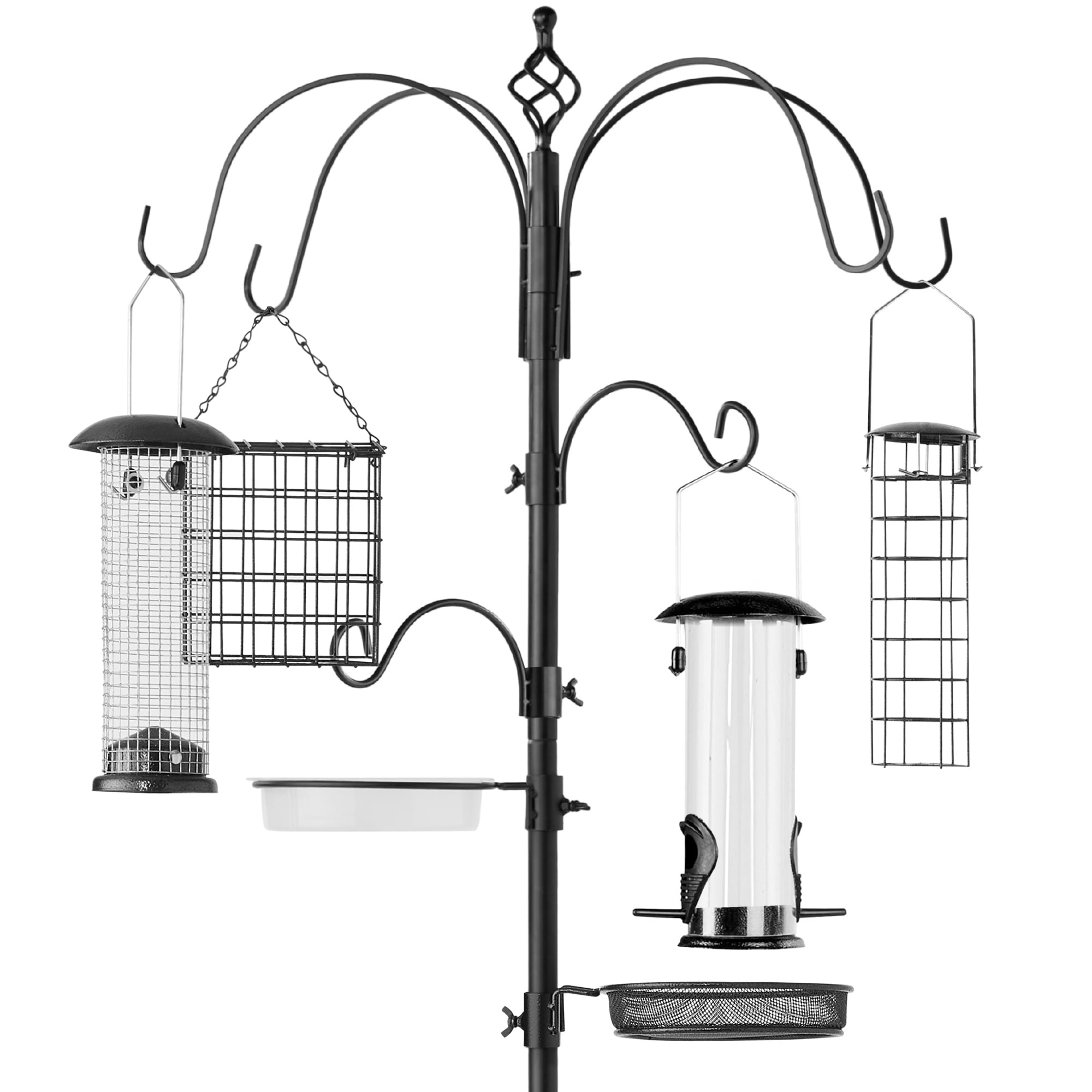 Best Choice Products 89in 6-Hook Bird Feeding Station, Steel Multi-Feeder Stand w/ 4 Feeders, Tray, Bird Bath - Black