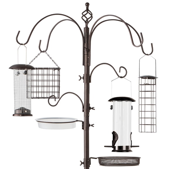 Best Choice Products 89in 6-Hook Bird Feeding Station, Steel Multi-Feeder Stand w/ 4 Feeders, Tray, Bird Bath - Bronze
