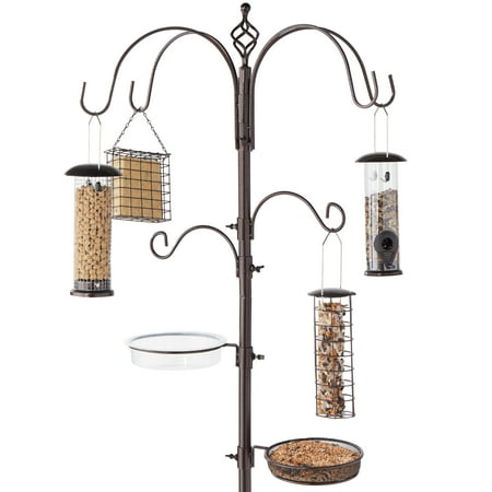 Best Choice Products 89in 6-Hook Bird Feeding Station, Steel Multi-Feeder Stand w/ 4 Feeders, Tray, Bird Bath - Bronze