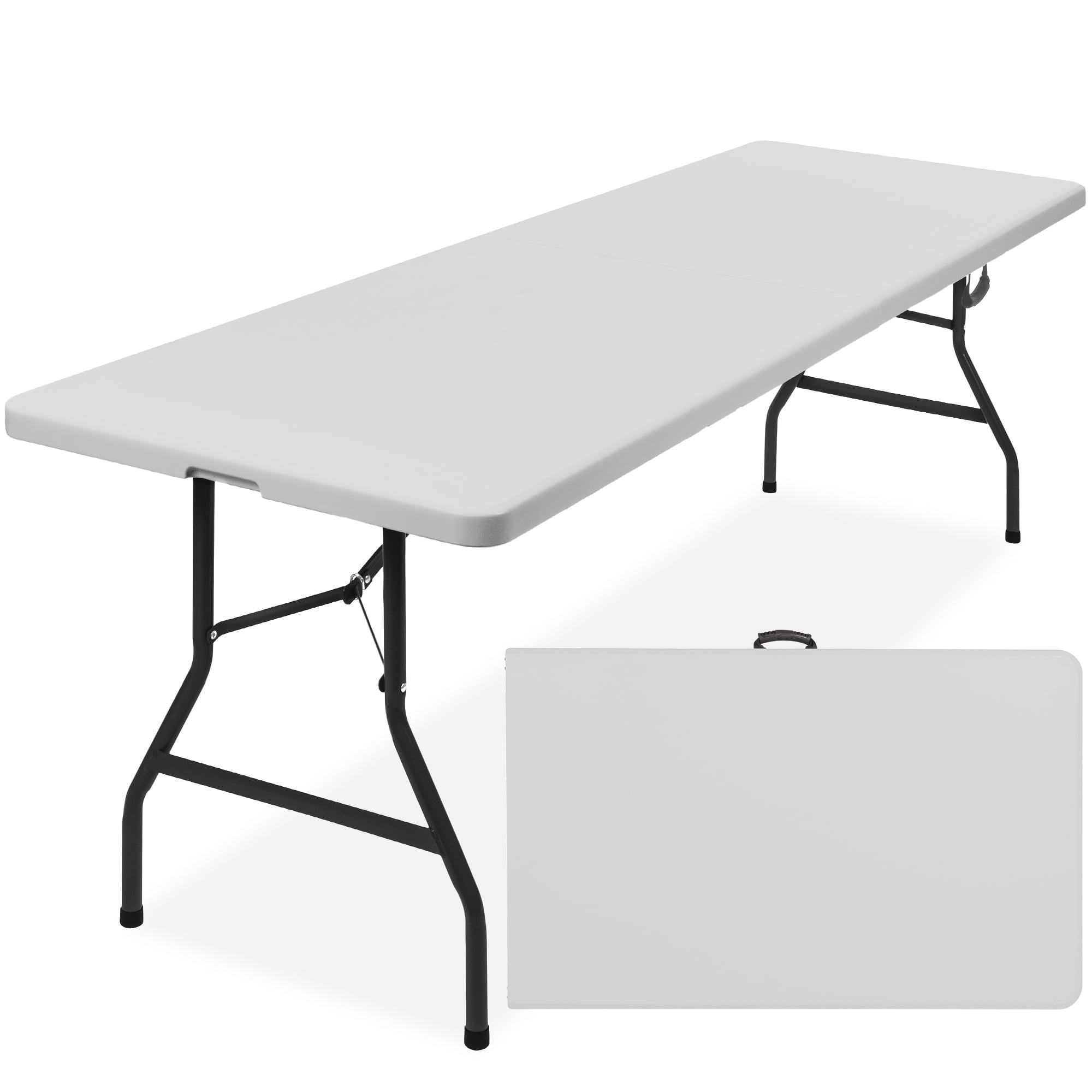 8ft Light Gray Plastic Folding Table with Handle and Lock
