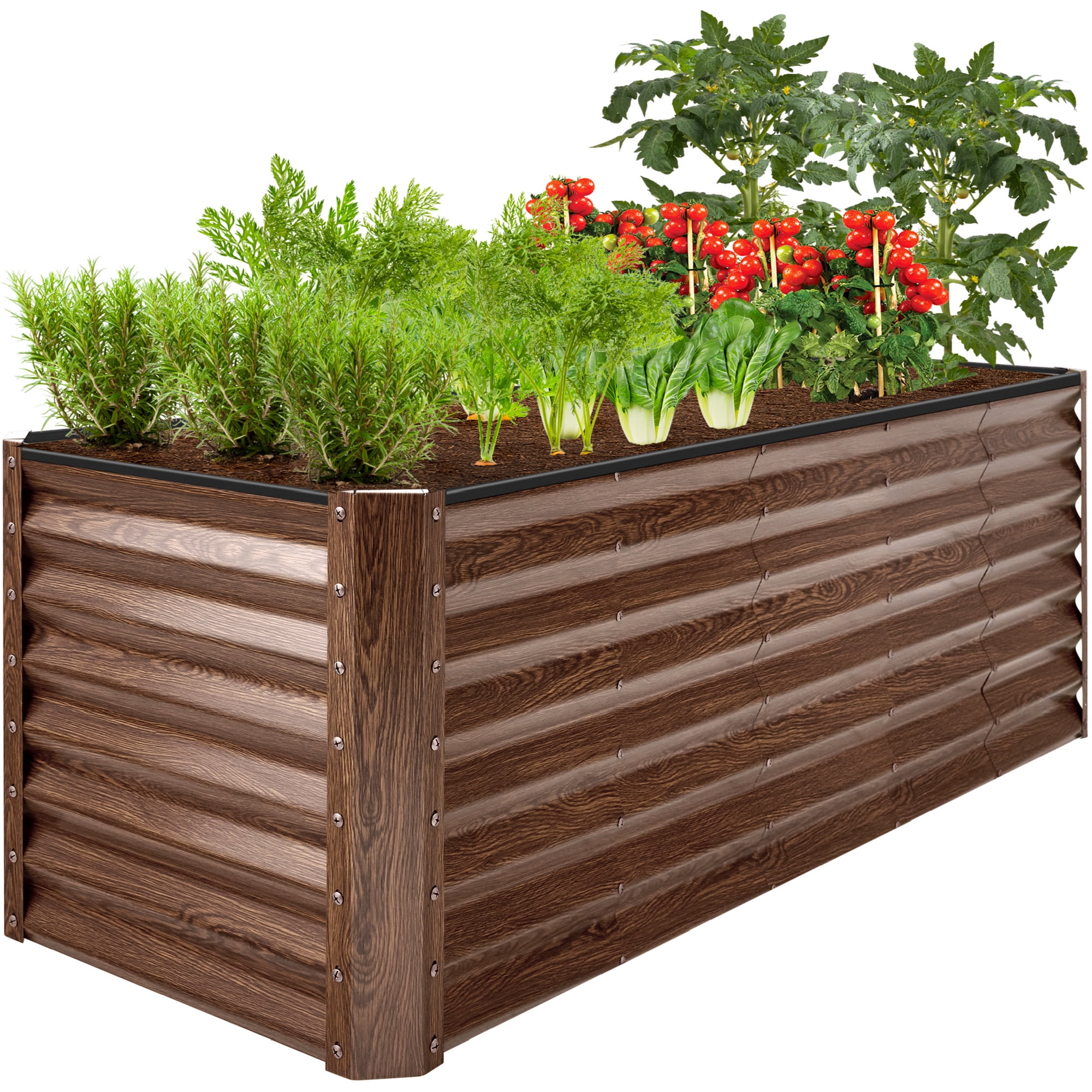 Best Choice Products 8x2x2ft Raised Metal Outdoor Garden Bed for Flowers Vegetables Herbs - Dark Brown Wood Grain