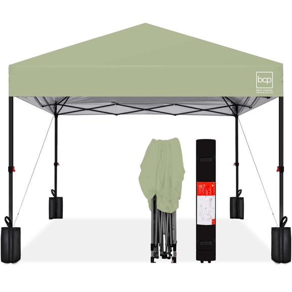 Best Choice Products 8x8ft Easy Setup Pop Up Canopy w/ 1-Button Setup, Wheeled Case, 4 Weight Bags - Sage Green