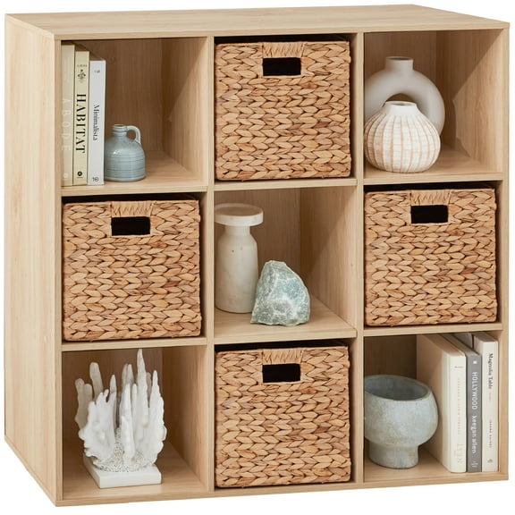 Best Choice Products 9-Cube Bookshelf, 11in Display Storage Organizer w/ 3 Removable Back Panels - Light Oak