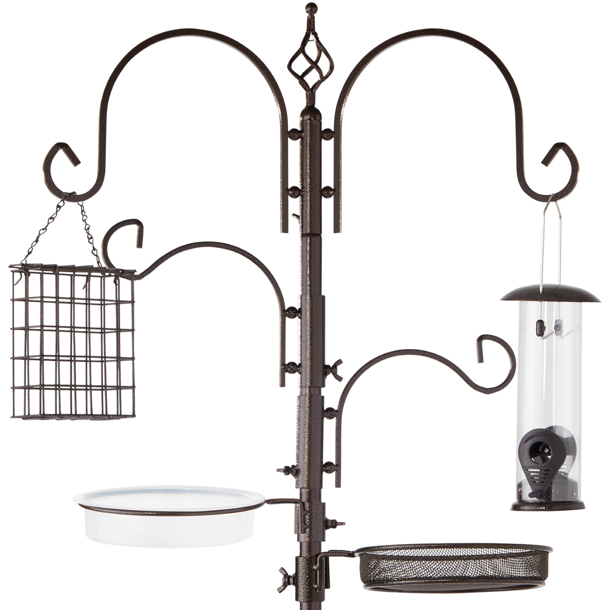 Best Choice Products 91in 4-Hook Bird Feeding Station, Steel Multi-Feeder Stand w/ 2 Feeders, Tray, Bird Bath - Brown