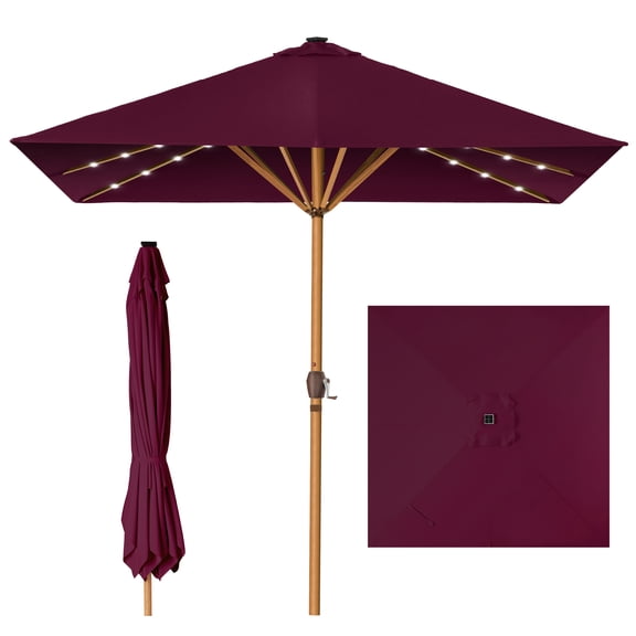 Best Choice Products 9ft Deep Square Solar LED Lighted Patio Umbrella w/ Woodgrain Pattern, UV-Resistant - Burgundy